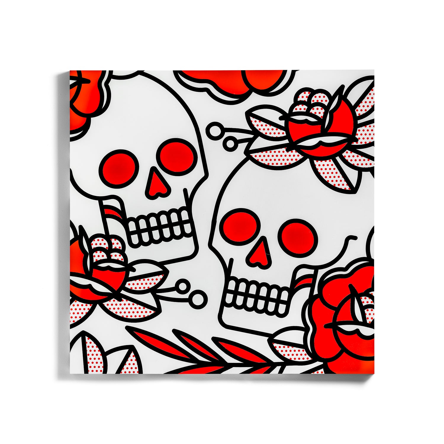 An original painting by the artist, Red Halftone. A 36x36” painting on a wood panel of two skulls facing one another with roses and foliage surrounding them. Painted in a monoline and popart fusion style using a white, black and red color palette.