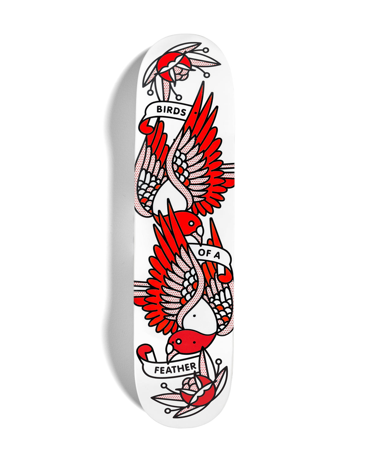 An original painting on a skateboard deck by the artist, Red Halftone. A vertical design of two lying pigeons with three banners that read: Birds of a feather. Roses bookend the top and bottom of the composition. Painted in a monoline and popart fusion style using a white, black and red color palette.