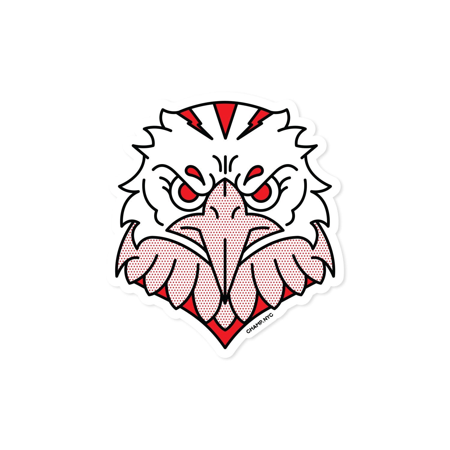 A 3x3" vinyl art sticker of an eagle head drawn in a flash tattoo and pop art fusion style in a red, white and black color palette by the artist, Red Halftone.