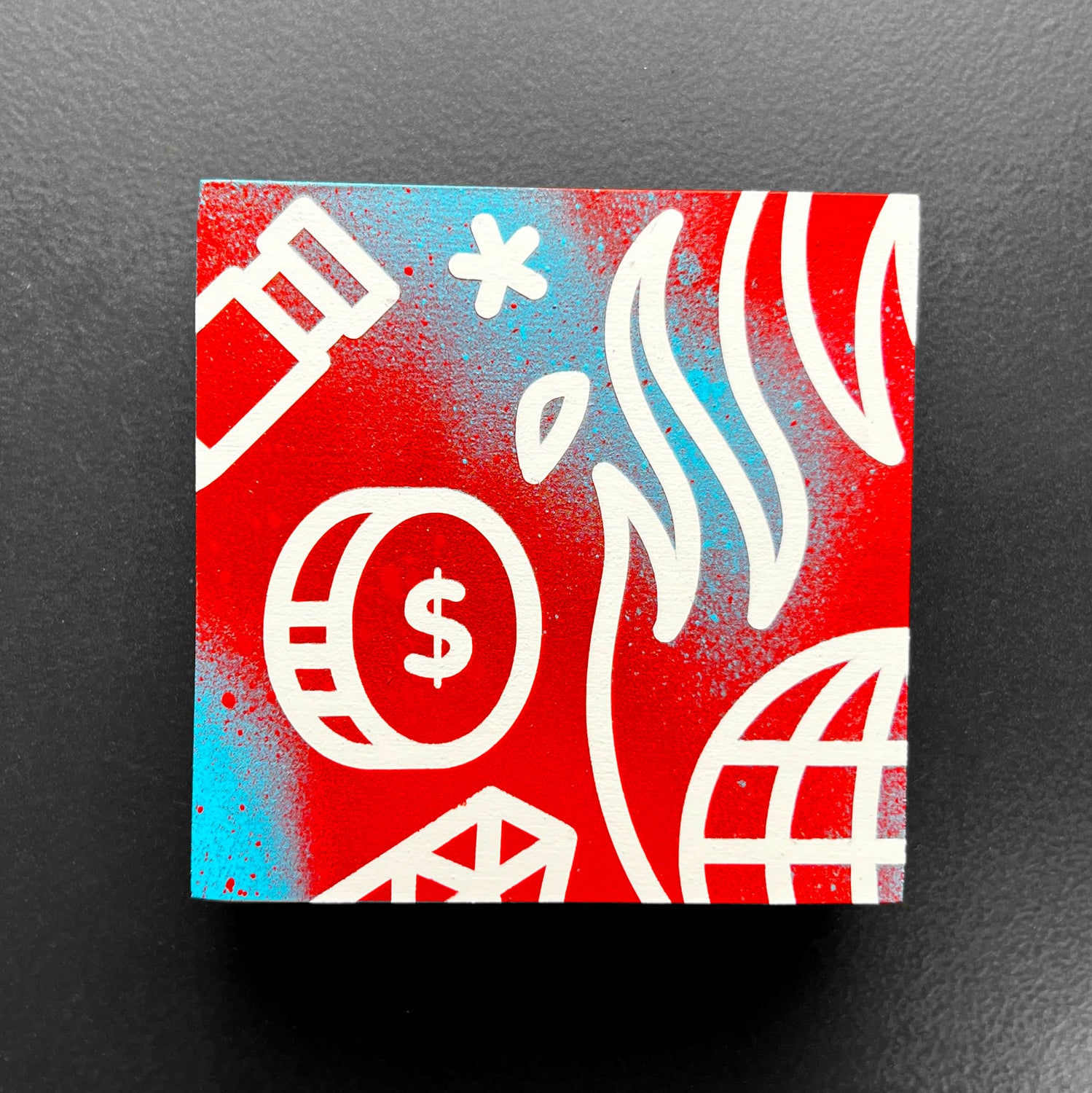 An original painting by the artist, Red Halftone. A 4x4” painting on a wood panel of various illustrated items drawn in a white single-weight line. The items represent current day topics discussed by the media. The items include: a globe on fire, a diamond, a coin, and bullet. The background is a red and cyan spray painted texture.