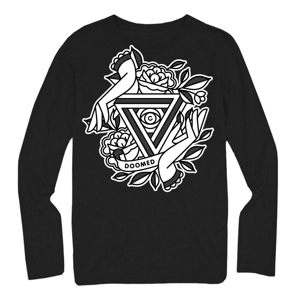 Product image. Back of black long sleeve t-shirt. Large white graphic of hands and roses around an impossible triangle.