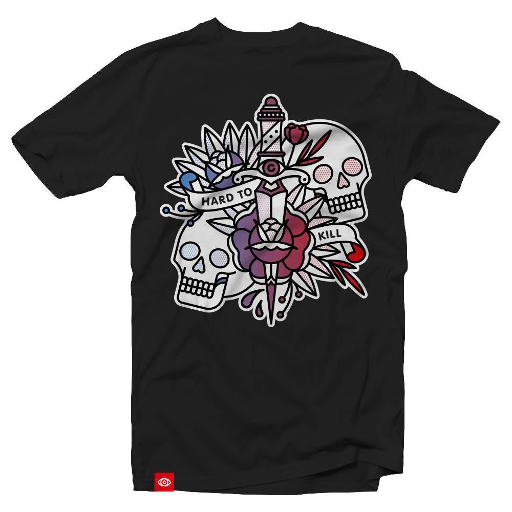Product image. Front of black t-shirt. Red, blue, and white graphic of skulls and roses with banners that read "hard to kill". Red and white logo hem tag on lower left.