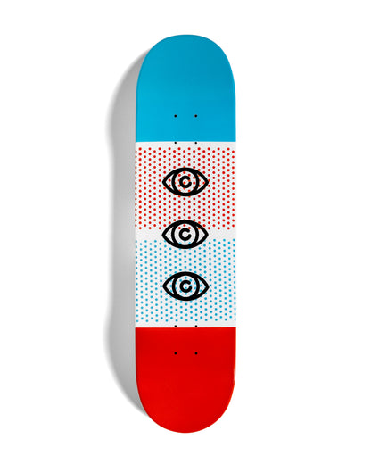 An original painting on a skateboard deck by the artist, Red Halftone. A vertical design of 4 even color fields consisting of: Solid red, a cyan halftone pattern, a red halftone pattern, and solid cyan stacked from bottom to top. On top of the color fields are three eye shaped red halftone logos in black. Painted in a monoline and popart fusion style.