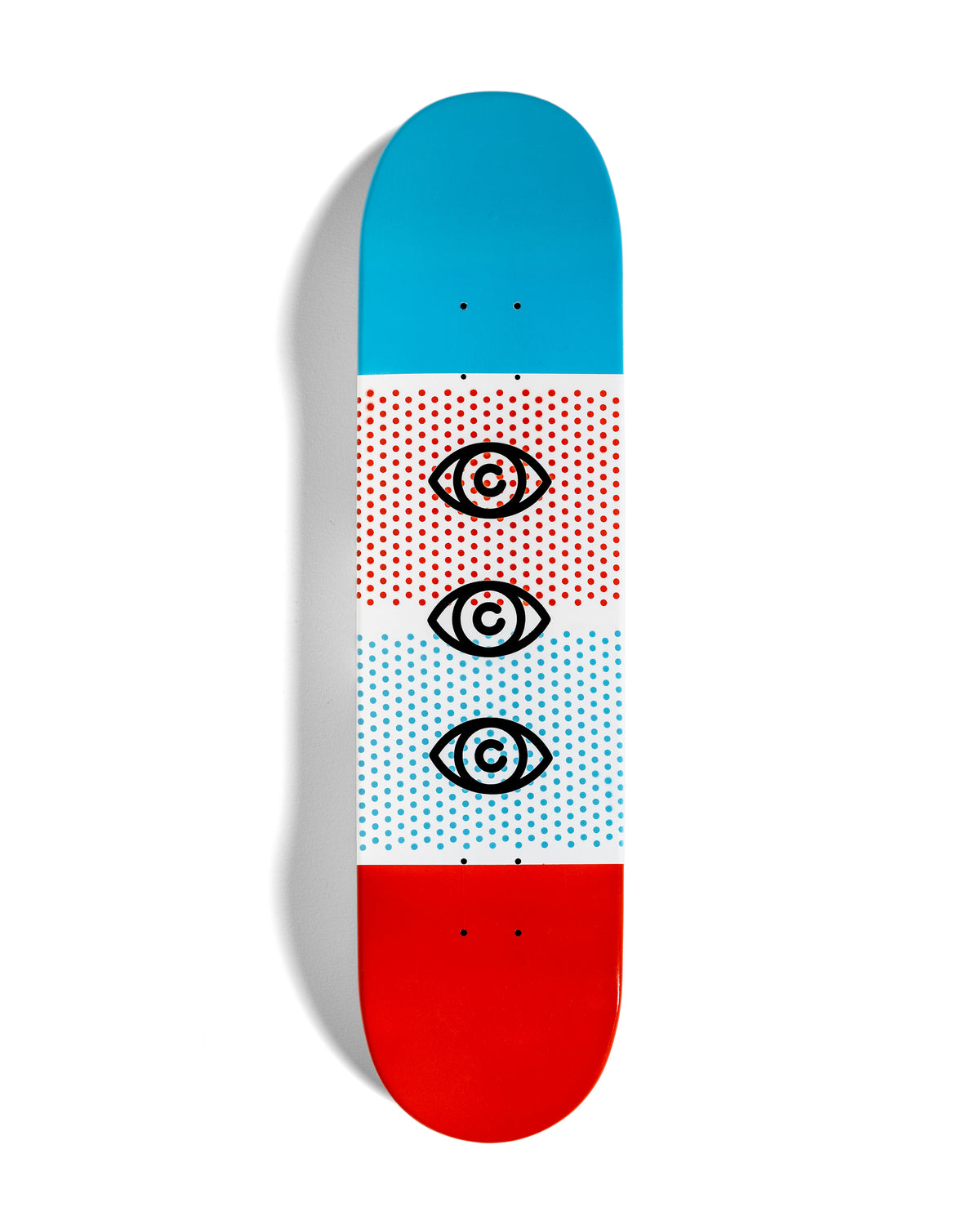 An original painting on a skateboard deck by the artist, Red Halftone. A vertical design of 4 even color fields consisting of: Solid red, a cyan halftone pattern, a red halftone pattern, and solid cyan stacked from bottom to top. On top of the color fields are three eye shaped red halftone logos in black. Painted in a monoline and popart fusion style.