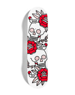 An original painting on a skateboard deck by the artist, Red Halftone. A vertical design of two skulls stacked with three roses evenly dispersed within the colposition. Three banners read: Over and out. Painted in a monoline and popart fusion style using a white, black and red color palette.