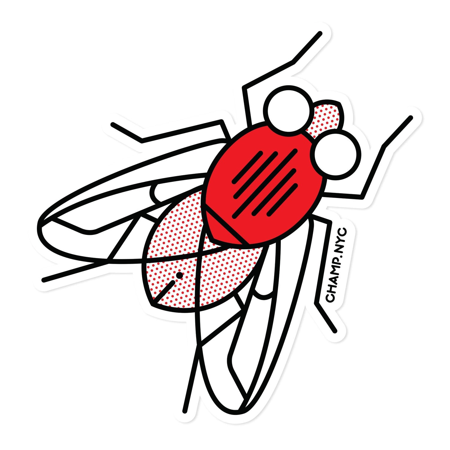 A 5x4" vinyl art sticker of a fly drawn in a flash tattoo and pop art fusion style in a red, white and black color palette by the artist, Red Halftone.